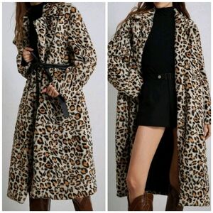 New Luxe Faux Fur Leopard Print Tie Waist Long Coat Jacket Tan Black